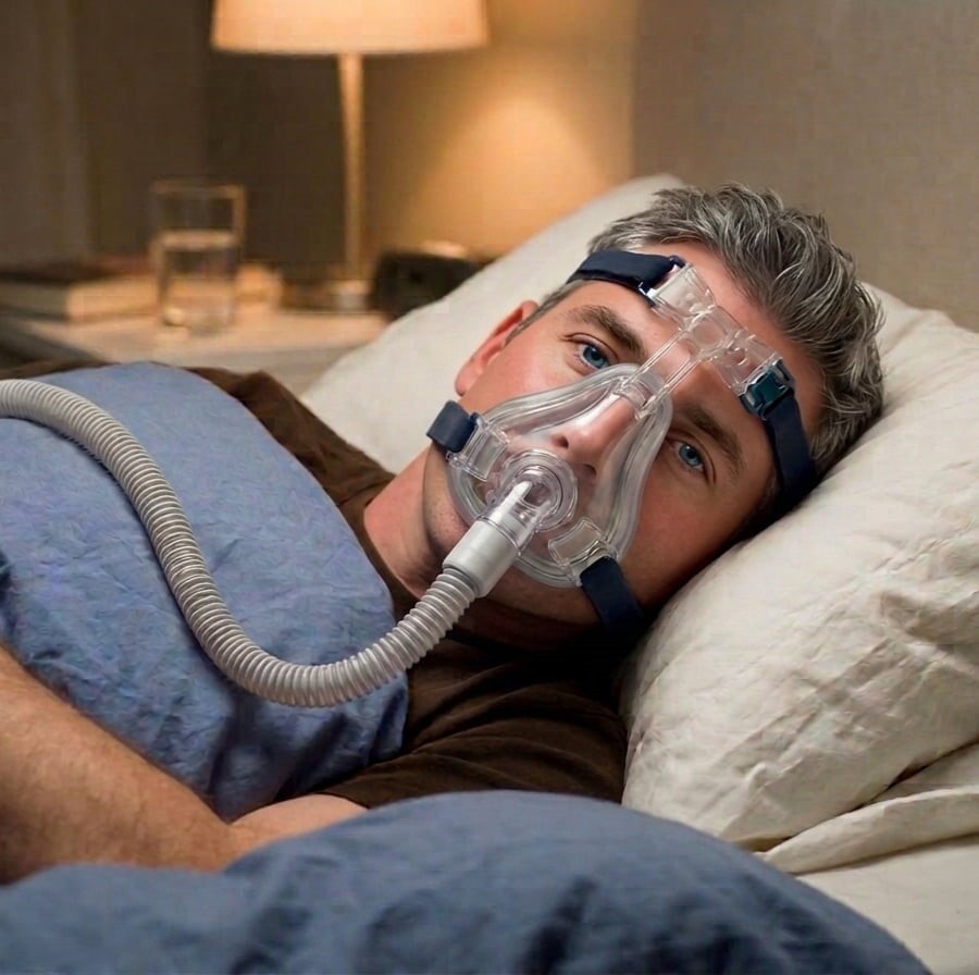 Man wearing a CPAP mask lying in bed, representing COMISA: Comorbid Insomnia and Sleep Apnoea.